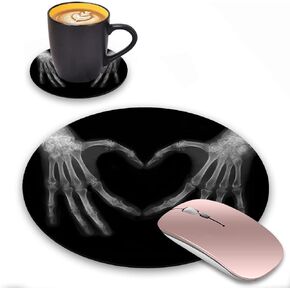 Round Mouse Pad and Coasters Set, Xray Bones of Hands Making The Sign Love Heart Design Mouse Pad, Non-Slip Rubber Base Mouse Pads for Laptop and Computer, Cute Design Desk Accessories