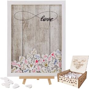 Y&K Homish Wedding Guest Book, Drop Top Frame Sign Book with 100PCS Wooden Hearts, Ideal for Rustic Wedding Decorations and Gift (White Wooden Frame + Photo)
