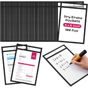 Outus 100 Pcs Dry Erase Pockets Bulk for 5 x 8 Inch Paper Reusable Plastic Sleeves Job Ticket Holder Clear Pocket Sleeves Waterproof Paper Double Side Ticket Holders for Classroom Office (Black)