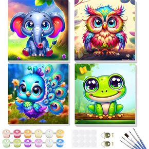 Croshom 4 pack pack paint by number for Kids-paint by number for Kids Butterflies Ages 4-8-12 ، بدون إطار DIY ألوان حيوانات حيوانية يرسم الاكريليك ، ديكور الجدار المنزلي 8 × 8 بوصات