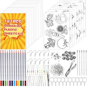 187 Pcs Shrinky Dink Keychain Kit, Shrink Art Paper with 18 Pcs Shrinky Dink Sheets,Colored Pencils, Hole Punch, Keychains, Colored Buckle Chains for Shrinky Dink Crafts Jewelry Making DIY