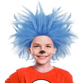 ANOGOL Hair Cap+ Blue Crazy Wig, Unique Spiky and Funny Wig, Crazy Hair Wig, Funky Blue Fuzzy Wig, Pelucas Para Payasos, Short Blue Wig for Anime Cosplay Wig Halloween Costume Party Outfit