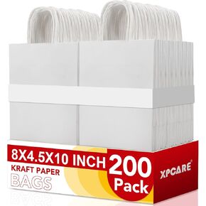 XPCARE 200Pack Paper Bags 8x4.5x10 Inch, Plain Medium Paper Bags with Handles Bulk, Kraft Paper Gift Bags, Retail Bags, Party Bags, Shopping Bags, Favor Bags (Brown)