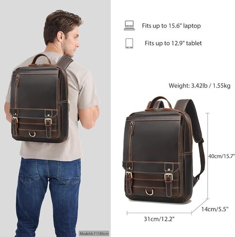 LANNSYNE Vintage Genuine Leather Backpack For Men Fits up to 15" Laptop Travel Hiking Rucksack in Saudi Arabia