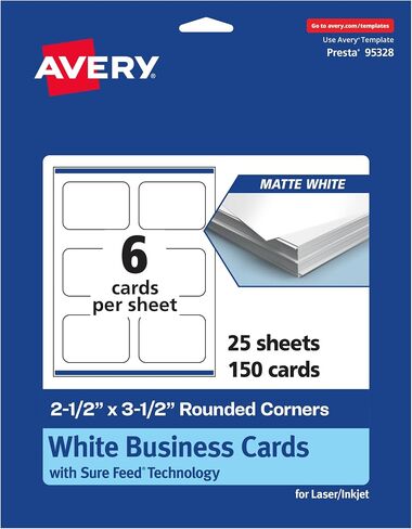 Avery Printable Rectangle Rounded Corner Business Cards with Sure Feed Technology, 2-1/2" x 3-1/2", Matte White Cardstock, Print-to-the-Edge, Laser/Inkjet, 150 Total in Saudi Arabia