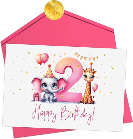 Joli Coon 2nd Birthday card girl - Premium Happy Birthday cards for children - 2 year old birthday card girl with envelope and golden seal in Saudi Arabia
