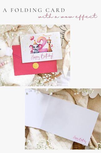 Joli Coon 2nd Birthday card girl - Premium Happy Birthday cards for children - 2 year old birthday card girl with envelope and golden seal in Saudi Arabia
