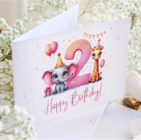 Joli Coon 2nd Birthday card girl - Premium Happy Birthday cards for children - 2 year old birthday card girl with envelope and golden seal in Saudi Arabia