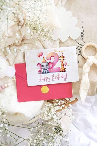 Joli Coon 2nd Birthday card girl - Premium Happy Birthday cards for children - 2 year old birthday card girl with envelope and golden seal in Saudi Arabia