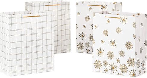 Hallmark 13" Christmas Gift Bags (4 Large White Bags: Gold Snowflakes, Gold Plaid) for Holiday Parties, Winter Weddings, Bridal Showers in Saudi Arabia