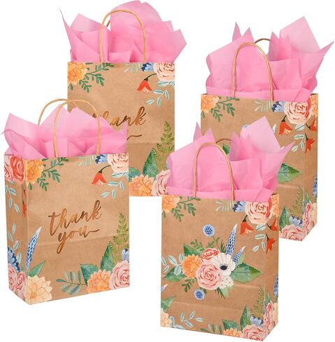 DjinnGlory 50 Pack 10''x8''x4'' Medium Sized Brown Kraft Vintage Floral Paper Bags with Pink Tissue Paper for Birthday Party Favors, Merchadises, Mother's Day, Wedding Gift Bags (Watercolor Flowers) in Saudi Arabia