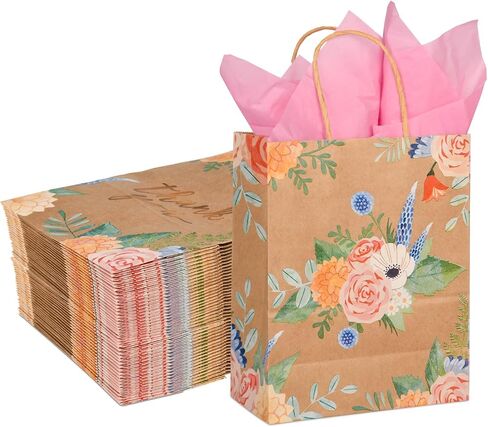 DjinnGlory 50 Pack 10''x8''x4'' Medium Sized Brown Kraft Vintage Floral Paper Bags with Pink Tissue Paper for Birthday Party Favors, Merchadises, Mother's Day, Wedding Gift Bags (Watercolor Flowers) in Saudi Arabia