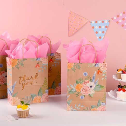 DjinnGlory 50 Pack 10''x8''x4'' Medium Sized Brown Kraft Vintage Floral Paper Bags with Pink Tissue Paper for Birthday Party Favors, Merchadises, Mother's Day, Wedding Gift Bags (Watercolor Flowers) in Saudi Arabia