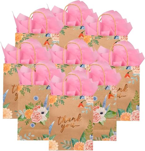 DjinnGlory 50 Pack 10''x8''x4'' Medium Sized Brown Kraft Vintage Floral Paper Bags with Pink Tissue Paper for Birthday Party Favors, Merchadises, Mother's Day, Wedding Gift Bags (Watercolor Flowers) in Saudi Arabia