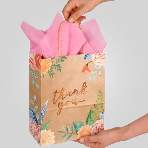 DjinnGlory 50 Pack 10''x8''x4'' Medium Sized Brown Kraft Vintage Floral Paper Bags with Pink Tissue Paper for Birthday Party Favors, Merchadises, Mother's Day, Wedding Gift Bags (Watercolor Flowers) in Saudi Arabia