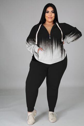 Women's Plus Size Two Piece Outfits Sweatsuits Sets Long Sleeve Loungewear Tracksuit Sets Dark green 3XL in Kuwait