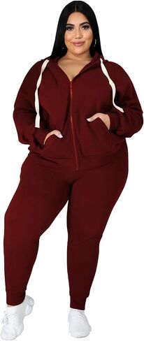 Women's Plus Size Two Piece Outfits Sweatsuits Sets Long Sleeve Loungewear Tracksuit Sets Dark green 3XL in Kuwait