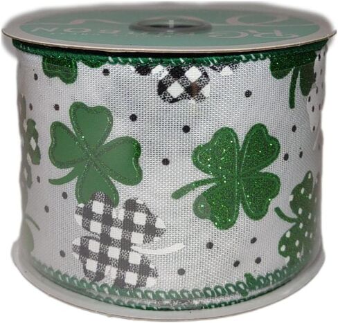 Patterned Glitter Shamrocks Wired Edge Ribbon - 10 Yards (2.5 Inch, Light Beige) in Saudi Arabia