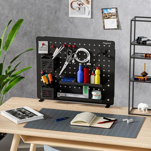 Clamp-on Desk Pegboard, Desk Organizer for Office Gaming Home, Magnetic Metal Peg Board with 15 Accessories, Privacy Panel for Office, 20.4" x 16.5", Large, Black in Kuwait