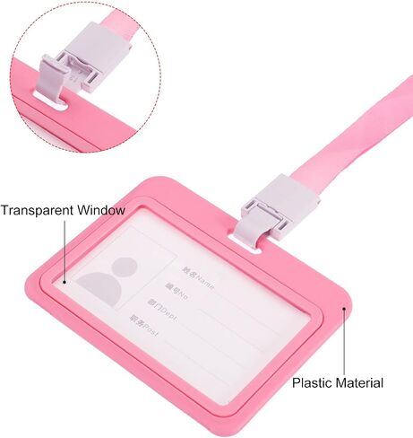 MECCANIXITY ID Badge Holder, 4x3.1 Inch Horizontal Name Tag ABS Double Sided Clear Window with Detachable Neck Lanyard, Pink in Kuwait
