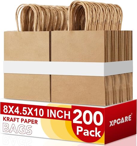 XPCARE 200Pack Paper Bags 8x4.5x10 Inch, Plain Medium Paper Bags with Handles Bulk, Kraft Paper Gift Bags, Retail Bags, Party Bags, Shopping Bags, Favor Bags (Brown) in Kuwait