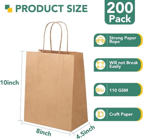 XPCARE 200Pack Paper Bags 8x4.5x10 Inch, Plain Medium Paper Bags with Handles Bulk, Kraft Paper Gift Bags, Retail Bags, Party Bags, Shopping Bags, Favor Bags (Brown) in Kuwait