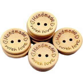 100 Pcs Wooden Buttons Handmade with Love Round Sewing Button 2 Holes Crafts Decor Button DIY Craft Supplies (20MM)