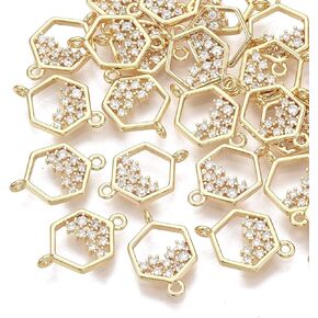 FASHEWELRY 30pcs Hollow Hexagon Cubic Zirconia Links 18K Gold Brass CZ Stone Crystal Pendants Connectors With Double Loops for Bracelet Necklace Earring Craft Jewelry