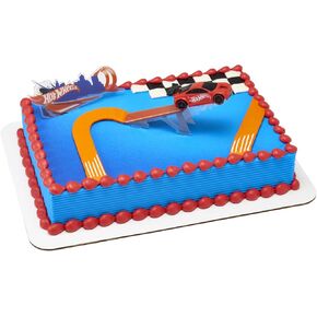 DecoSet® Hot Wheels™ Supreme Speed Cake Topper, Car Cake Decoration Set with Vehicle cake topper, Ramp and Background Pics, 3 Piece Set | For Birthday And Celebrations