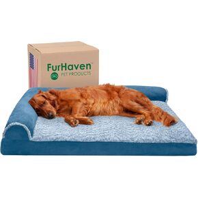 Furhaven Memory Foam Dog Bed for Large Dogs w/ Removable Bolsters & Washable Cover, For Dogs Up to 95 lbs - Two-Tone Plush Faux Fur & Suede L Shaped Chaise - Marine Blue, Jumbo/XL