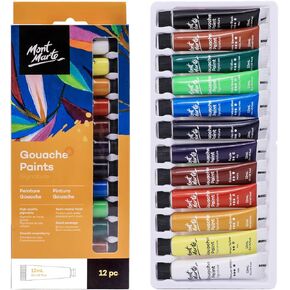 Mont Marte Signature Gouache Paint, 12 x 0.4oz (12ml), Semi-Matte Finish, 12 Colors, Suitable for use with Canvas, Watercolor Paper, Watercolor Paints and Mixed Media