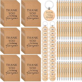 50 Sets Employee Appreciation Gifts Retractable Bamboo Pens and Pocket Kraft Notebooks with Inspirational Keychains Inspirational Notebooks for Staff Volunteer Teacher Office(Thank You)