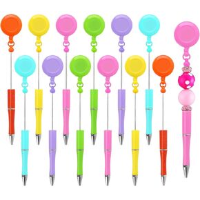 12Pcs Pastel Beadable Pen Badge Reel Clip Pull Bead Ballpoint Pen 6 Colors Plastic Beaded Writing Pen for Nurse Student Staff DIY Craft Office Supplies