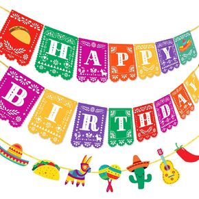 Kreatwow Fiesta Happy Birthday Banner 2Pcs Mexican Pinata Banner Garland for Cinco de Mayo Taco Party Carnival Birthday Fiesta Party Decor