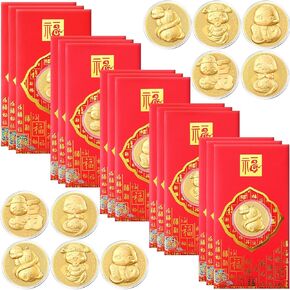 Zhanmai 15 Pcs Chinese New Year Red Envelopes 2025 Snake Coins Chinese New Year Lucky Money Envelopes Hong Bao Zodiac Souvenir Coins for Blessing Health and Wealth