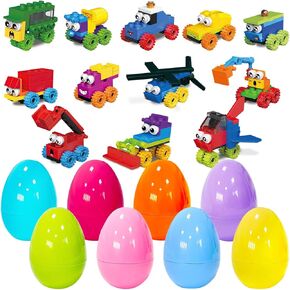 12 Pack Easter Plastic Eggs with Car Building Blocks for Easter Theme Party Favors, Supplies for Easter Egg Hunt, Basket Stuffers/Fillers, Classroom Prize Supplies Toddler Boys Girls