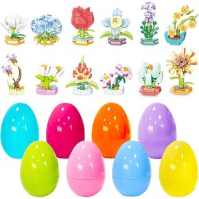 12Pcs Easter Plastic Eggs with Flower Building Blocks for Easter Theme Party Favors, Supplies for Easter Egg Hunt, Basket Stuffers/Fillers, Classroom Prize Supplies Toddler Boys Girls
