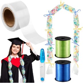 Jexine 118 Feet Graduation Hawaiian Candy Lei Making Kit Includes 30 Pcs Candy Lei Bags 750 Feet Ribbon 24 Pcs Hibiscus Cards for Graduation Party Gift(Yellow,Hibiscus)