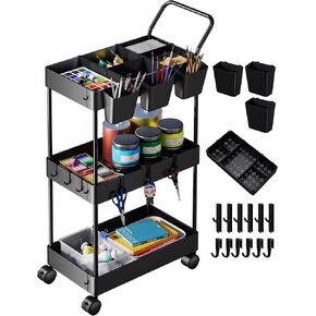 4 Tier Slim Rolling Storage Cart, Premium Storage Cart on Wheels, Cleaning Cart with Dividers Handle and Hanging Cups Hooks, Green Utility Cart for Bathroom, Laundry Room