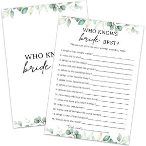 Who Knows The Bride Best Bridal Shower Game Wedding Shower Games, Bridal Shower Games 30 Guests for Engagement Wedding Party, Bridal Games for Showers (Eucalyptus Botanical Style) -0010
