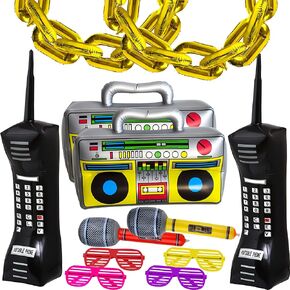 20 Packs Inflatable Radio Boombox Inflatable Mobile Phone Inflatable Microphone 16 Inch Gold Foil Chain Balloons for 80s 90s Rappers Hip Hop Costume Party Decorations