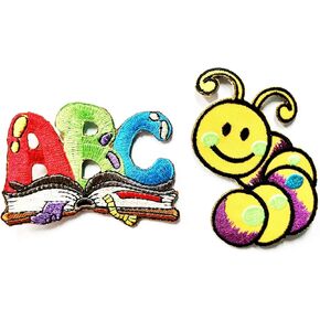 Nipitshop Patches Set 2 Pcs ABC Book Worm Patch School Teacher Embroidered Iron On Applique for Clothes Backpacks T-Shirt Jeans Skirt Vests Scarf Hat Bag