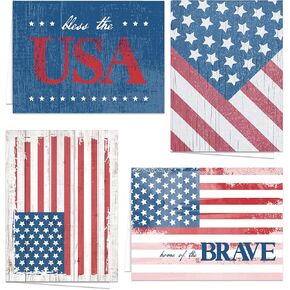 Patriotic All Occasion Greeting Cards / 24 American Flag Note Cards With White Envelopes / 4 USA Military Red White Blue Blank Inside Designs / 3 1/2" x 4 7/8" Veteran Cards
