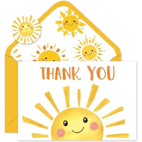 Whaline 24 Pack Sunshine Thank You Cards Yellow Cartoon Sun Note Cards with Envelopes Stickers Cute Greeting Blank Cards for Birthday Baby Shower
