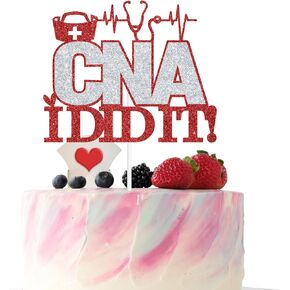 Goilpanitdia CNA I Did It Cake Topper, Congrats CNA, Nursing School Graduation Party Decorations, Silver & Red Glitter