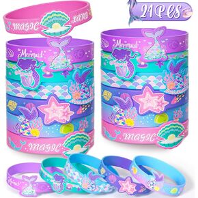 24Pcs Unique Self-design Mermaid Silicone Bracelets, Mermaid Party Favors Little Ocean Birthday Supplies, Boy Girl Bulk Beach Sea Toy Gift Goodie Bag Stuffer, Party Favors for Kids 3-5 4-8