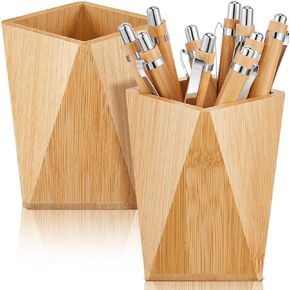 Henoyso 2 Pcs Wood Pen Pencil Holder Geometric Pencil Cup Stand Makeup Organizer for Pen Holder Desk Home Office Adults(Black Walnut)
