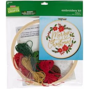 Merry Christmas Embroidery Kit with Hoop and Floss - Makes One 6 Inch Piece