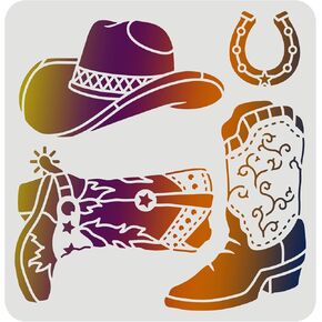 FINGERINSPIRE Cowboy Boots and Hat Stencil 11.8x11.8inch Reusable Cowboy Stencils Western Cowboy Stencils for Painting on Wood, Tile, Paper, Fabric, Floor and Wall
