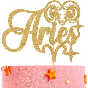 Happy Birthday Aries Cake Topper, March/April Birthday Cake Decor, 12 Constellation Theme Birth day Party Decoration Supplies for Boy Girl, Gold Glitter